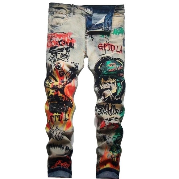 New Men's Stretch Distressed Skull Punk Rocker Graffiti Hip Hop Jeans 32 - Picture 1 of 9
